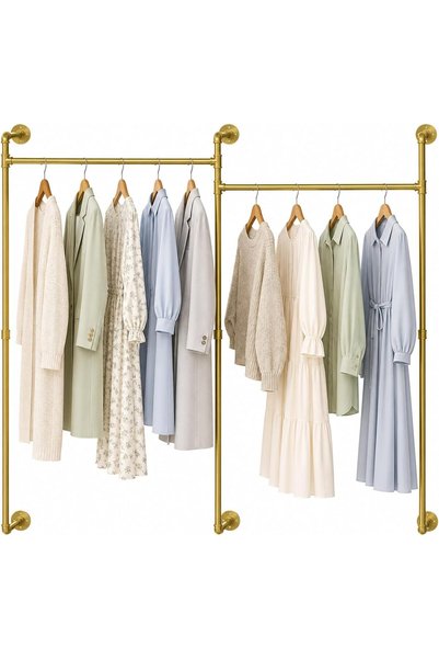 Generic Industrial Wall Clothes Rack: Gold Large Cloth Hanging Rail Stand Pip...
