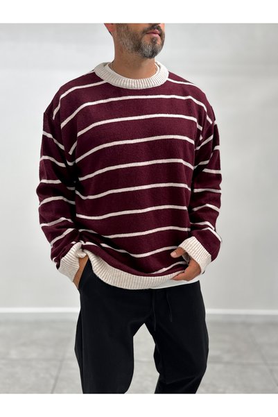 BYBASICMAN Oversized Striped Sweater with Burgundy Badge SW-6003