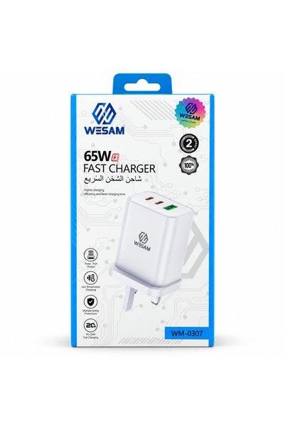 wesam WM-0307 65W 3-Port Fast Wall Charger, 2 USB-C + USB-A, White