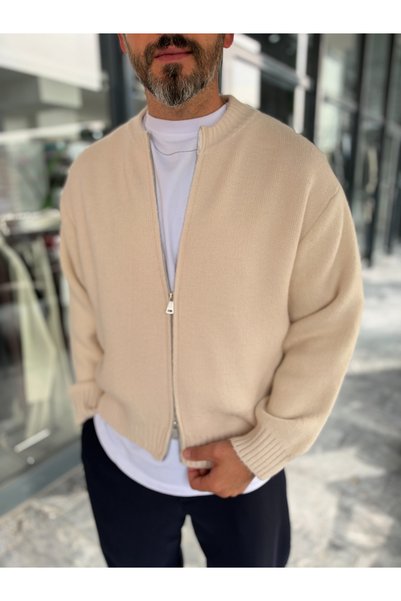 BYBASICMAN Cardigan basic din tricot, de culoare bej, cu fermoar PM-017