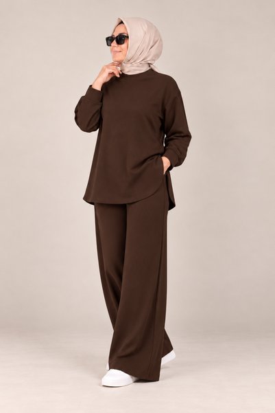 EFRUZ BUTİK Sucuba Coffee Long-Sleeved Opaque Pants with Elastic Waistband an...