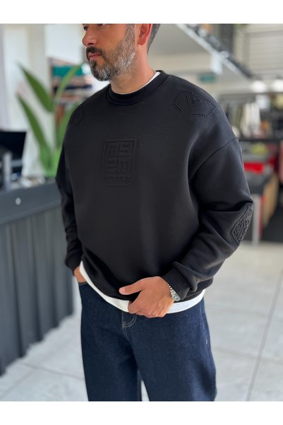BYBASICMAN Hanorac negru oversize cu relief „My” HM-