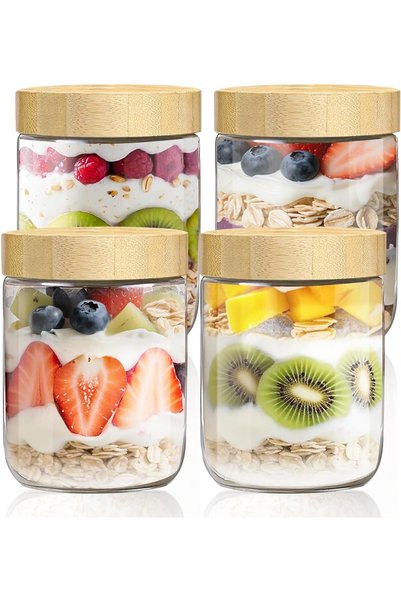 Generic Brand Σετ 4 τεμαχίων βάζων για Overnight Oats 500ml, αεροστεγή γυάλιν...