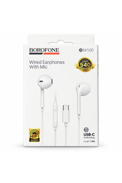 Borofone سماعات أذن سلكية BM100 بمنفذ USB-C مع ميكروفون، لون أبيض، طول الكابل...