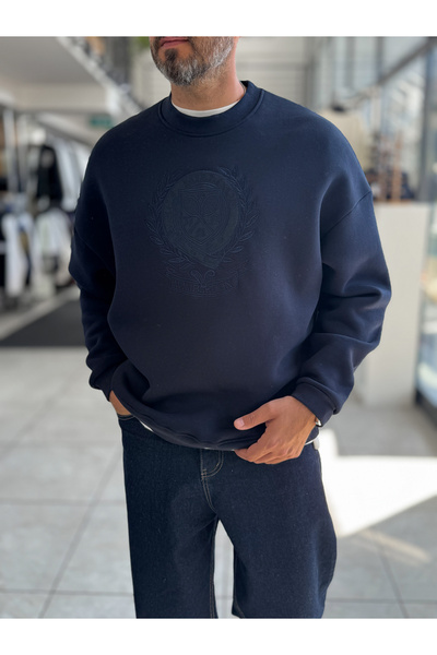 BYBASICMAN Navy Blue Sweatshirt with Embroidered Tennis Emblem by HM