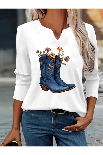 Deocept Printed Cotton-Stretch Fabric Half-V-Neck Long-Sleeve Blouse