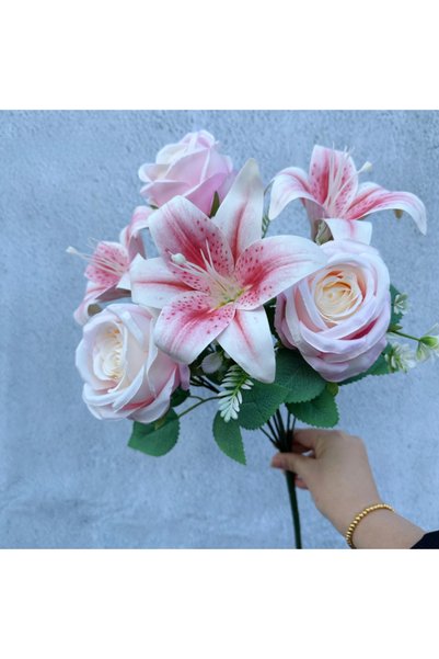 Choice As picture Pink Spring Color Bouquet: 9-Stem Mixed Roses & Lilies with...