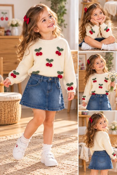 SERPİL Girls' Cherry-Print Knit Sweater and Denim Skirt 2-Piece Set – Ecru Cr...