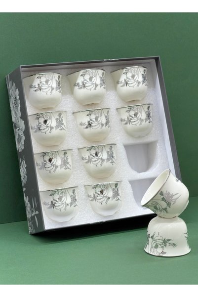 ALQANNAS Saudi Coffee Cup Set of 12, 45ml, White Patterned, Clear Ceramic