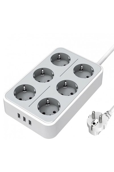 DAMUR Prelungitor cu 6 prize și 3 porturi USB 3A, putere 3600W, buton pornire...