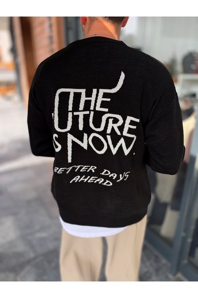 BYBASICMAN Hanorac din tricot negru cu broderie „Future” PM-024