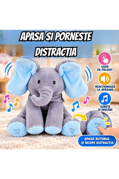 OEM Elefant Interactiv Din Plus, Jucarie de Plus Moale, Canta, Vorbeste, Misca Urechile, Engleza, Jucarie Interactiva Cucu-Bau, 2 Moduri de Joaca, Pentru Copii 6+ luni, 30 x 23 cm, Gri/Bleu