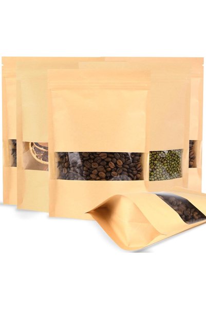 Generic 100Pcs Kraft Paper Food Bags with Window Stand Up Pouches 26x35cm