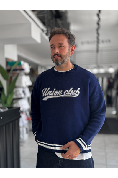 BYBASICMAN Navy Blue Union Club Embroidered Knit Sweatshirt PM-018