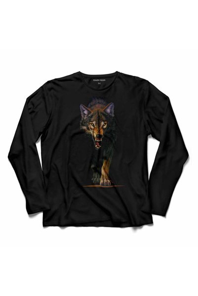 Kendim Seçtim Tricou cu mâneci lungi „Cap de lup negru” (Head Wolf Boz Kurt K...