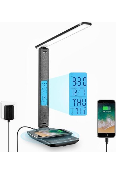 Generic مصباح مكتبي مزود بشاحن لاسلكي ومنفذ شحن عبر USB وساعة مدمجة، مناسب لل...