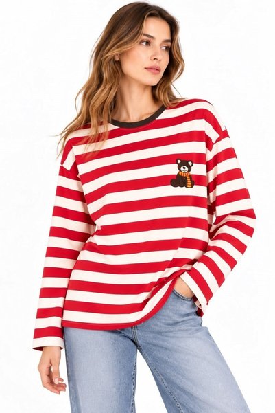 WeShaya Oversized Sweatshirt with Red Teddy Bear Print, Viscose, Rib Knit, Kn...