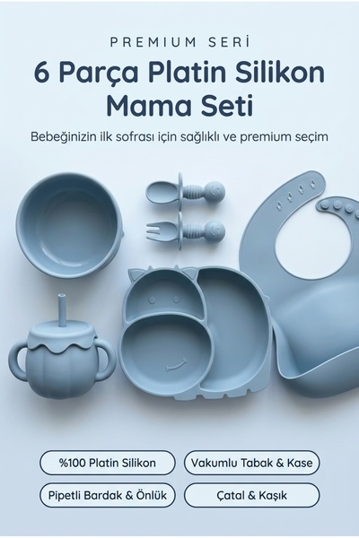 EVLE 6 Parça Platinum Silikon Bebek Mama Seti Mavi