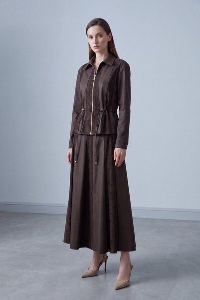 Puane Brown Denim Jacket and Skirt Set with Lace Zip Detail and a Buttonhole ...
