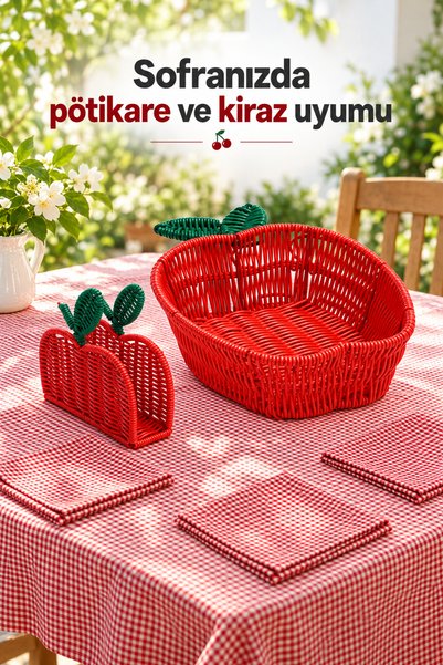 Rosie Pötikare 5 Parça Piknik Seti Kiraz Peçetelik ve Ekmek Sepeti