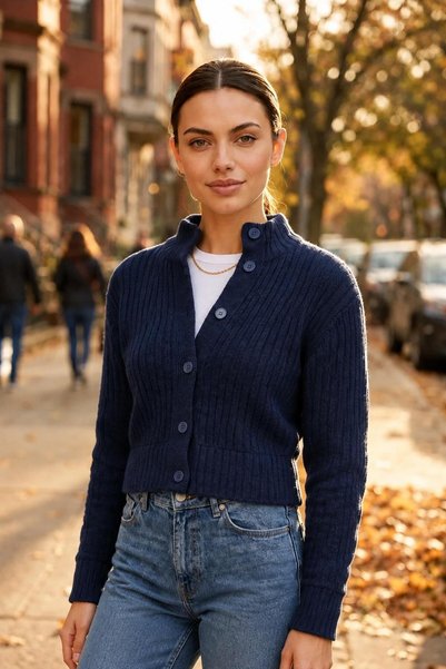 we-rayss Yumuşak Dokulu, Crop Model, Düğme Kapamalı Lacivert Renk Yumoş Hırka