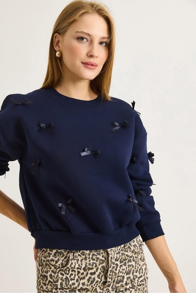 WeShaya Navy Sweatshirt with Ribbon Detail, Relaxed Fit, 3-Ply, Brushed Insid...