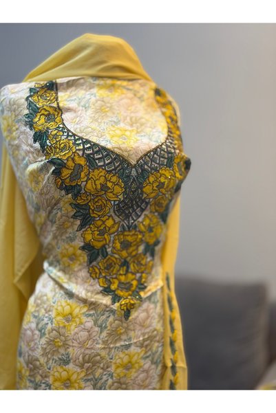 LAVEN Emirati Soft Silk Khimar Fabric with Heavy Embroidery on Chest and Slee...
