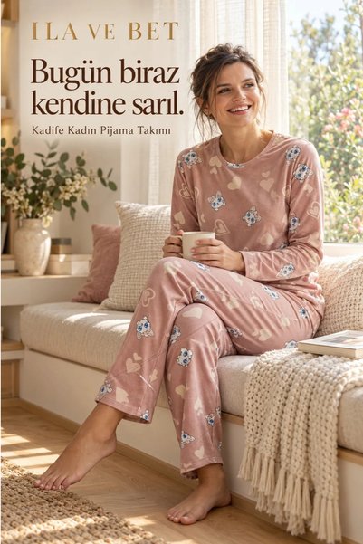 İLA VE BET Süet Kadın Pijama Takımı Pudra Pembe Kedi ve Desenli Uzun Kollu 2 ...