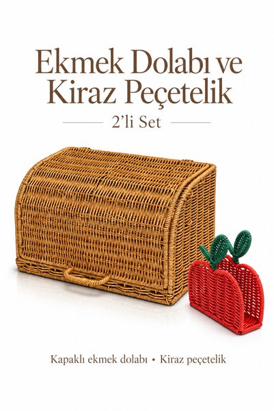 Rosie Kapaklı Ekmek Dolabı 35 cm ve Kiraz Peçetelik Seti
