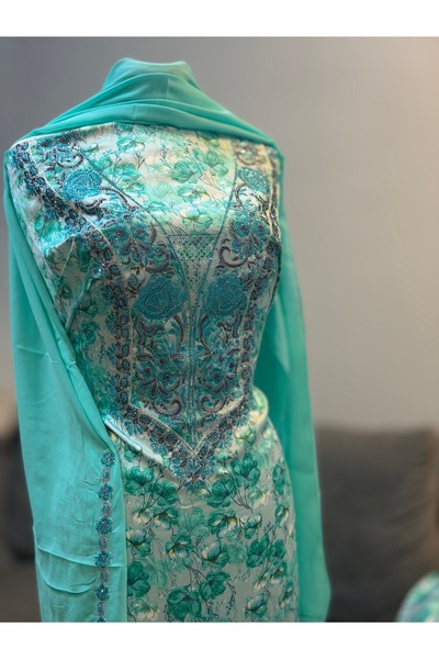 LAVEN Emirati Soft Silk Khimar Fabric with Heavy Embroidery on Chest and Slee...