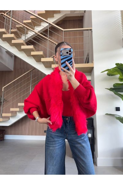 BB Bensu Buyruk Fur-Trimmed Batwing Sleeve Knitted Cardigan
