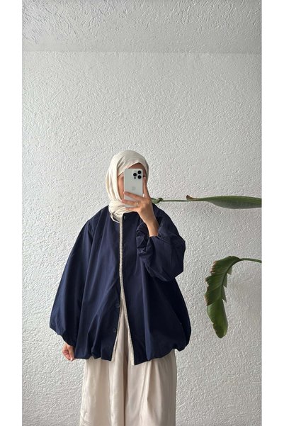 NUHBE LACE-TRIMMED PUFF-SLEEVE JACKET - NAVY BLUE