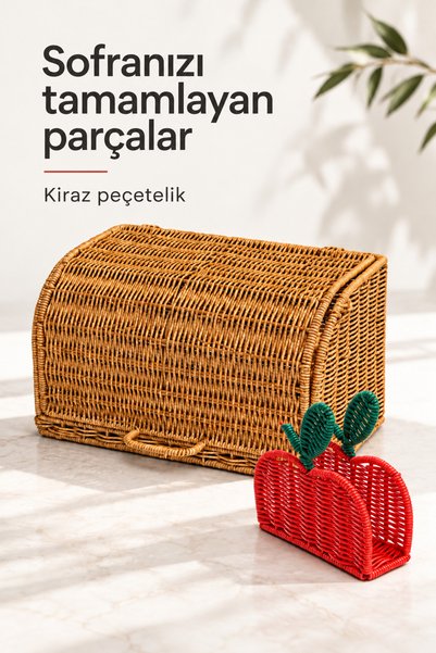 Rosie Kapaklı Ekmek Dolabı 35 cm ve Kiraz Peçetelik Seti