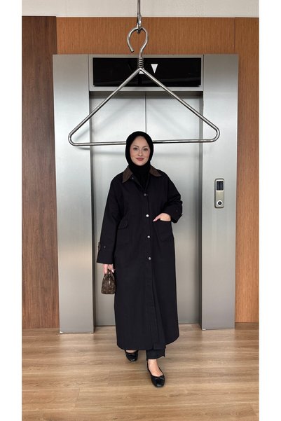 NUHBE VELVET-COLLARED TRENCH COAT - BLACK