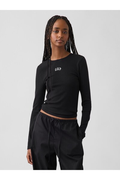 GAP Kadın Siyah Modern Fitilli Logo T-Shirt
