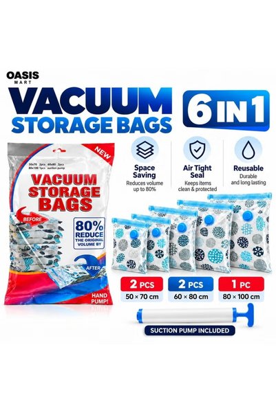 OASIS MART Vacuum Storage Bags Set of 6 with Hand Pump, Reusable Space Saver ...