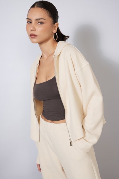 Nisan ECRU HOODED AND ZIPPERED SOFT-TEXTURED CARDIGAN