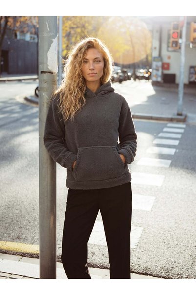 WeShaya Anthracite Welsoft Fleece Hooded Sweatshirt, Plush, Drop Shoulder