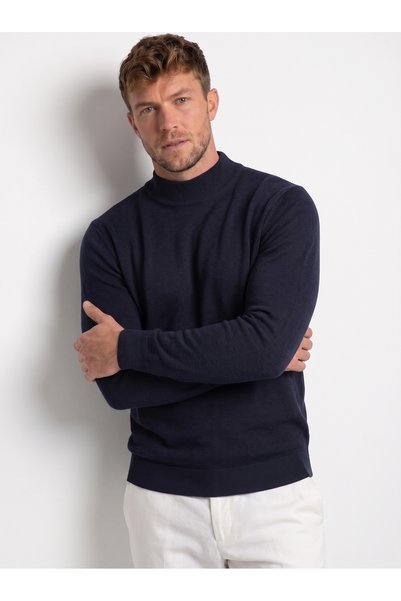 San&Fa Men’s Navy Blue Half-Turtleneck Wool Blend Knit Sweater