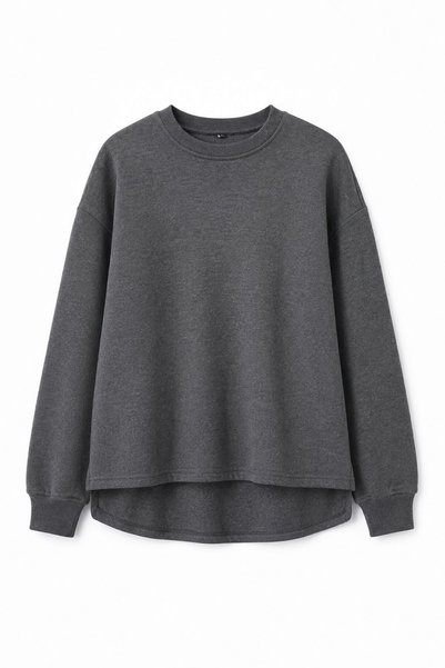 WeShaya Anthracite Crew Neck Sweatshirt with Slit, Rib Knit, Knit, Drop Shoul...