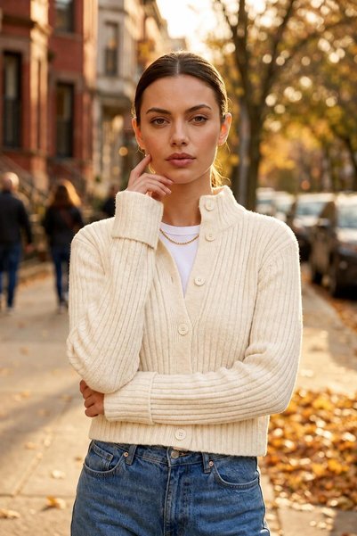 we-rayss Yumuşak Dokulu, Crop Model, Düğme Kapamalı Krem Renk Yumoş Hırka