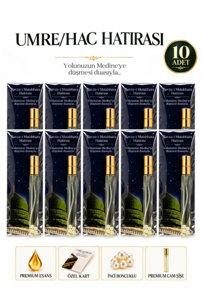 Secdevi Hac Umre Hatırası 10 Adet Amber&Oud Kokulu Sprey 10 ml Cam Şişe, Kartlı İnci Boncuklu Umre Hediyelik