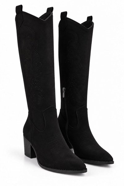 WeShaya Black Suede Cowboy Boots with Embroidery, Block Heel, Pointed Toe