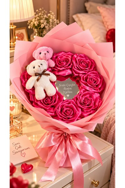 Maison Roselle Blush Rose Pembe Aynalı Çiçek Buketi Kişiye Özel 7 Saten Güllü Hediye