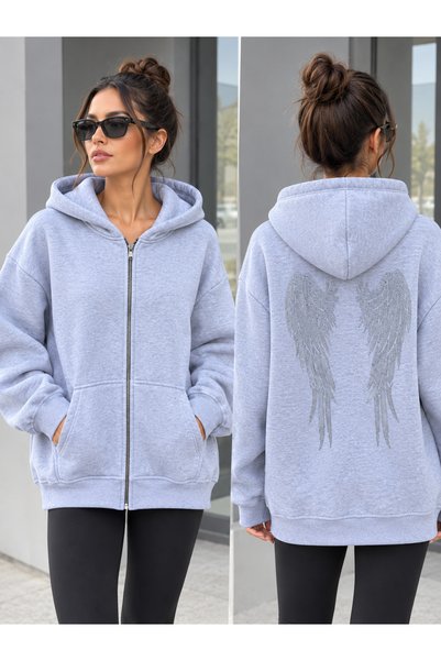 Gri Kadın Sırtı Taşlı Melek Kanadı Sweatshirt – Fermuarlı Kapüşonlu Oversize Hırka