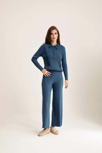Tenda Regular Waist Knitted Wide Leg Trousers Blue