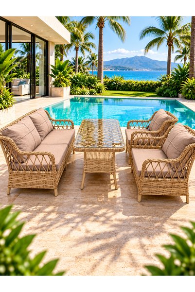 Dekoroom's Marbella Serisi, 2+1+1, Masalı Rattan Bahçe - Teras Oturma Takımı