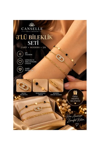 316 L çelik Canselle Gold-Toned 3-Piece Fashion Jewelry Bracelet Set with Gemstone Chain Bracelet, Gold