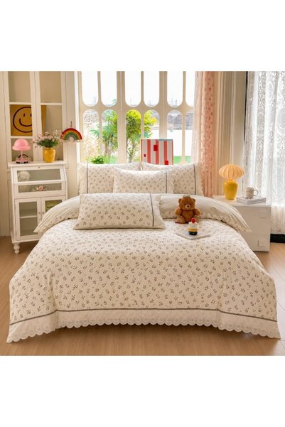 JOJO HOME Double Bed Linen, Fitted Sheet, Jojo Home, Cotton, Lace Detail, 4 p...