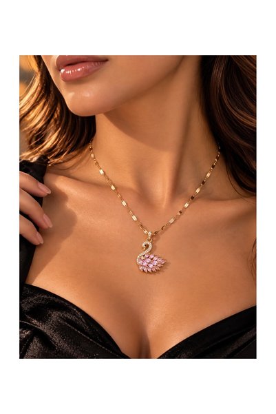 316 L çelik Canselle 316L Stainless Steel Swan Necklace with Pink Stones – Th...